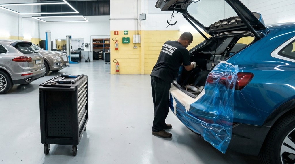 Técnico Security Cars realizando blindagem em veículo