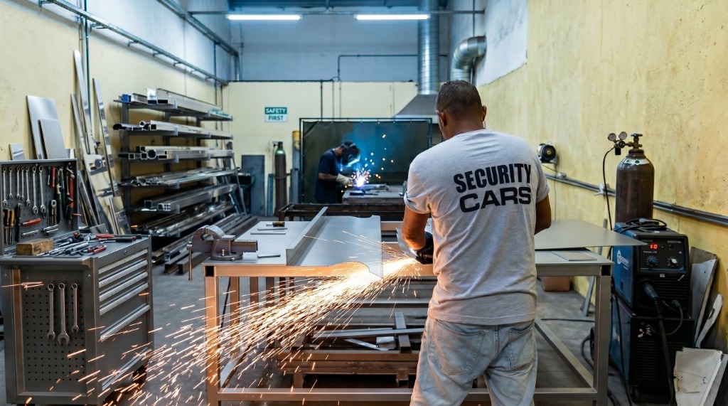 Técnico Security Cars cortando aço balístico com faíscas na oficina
